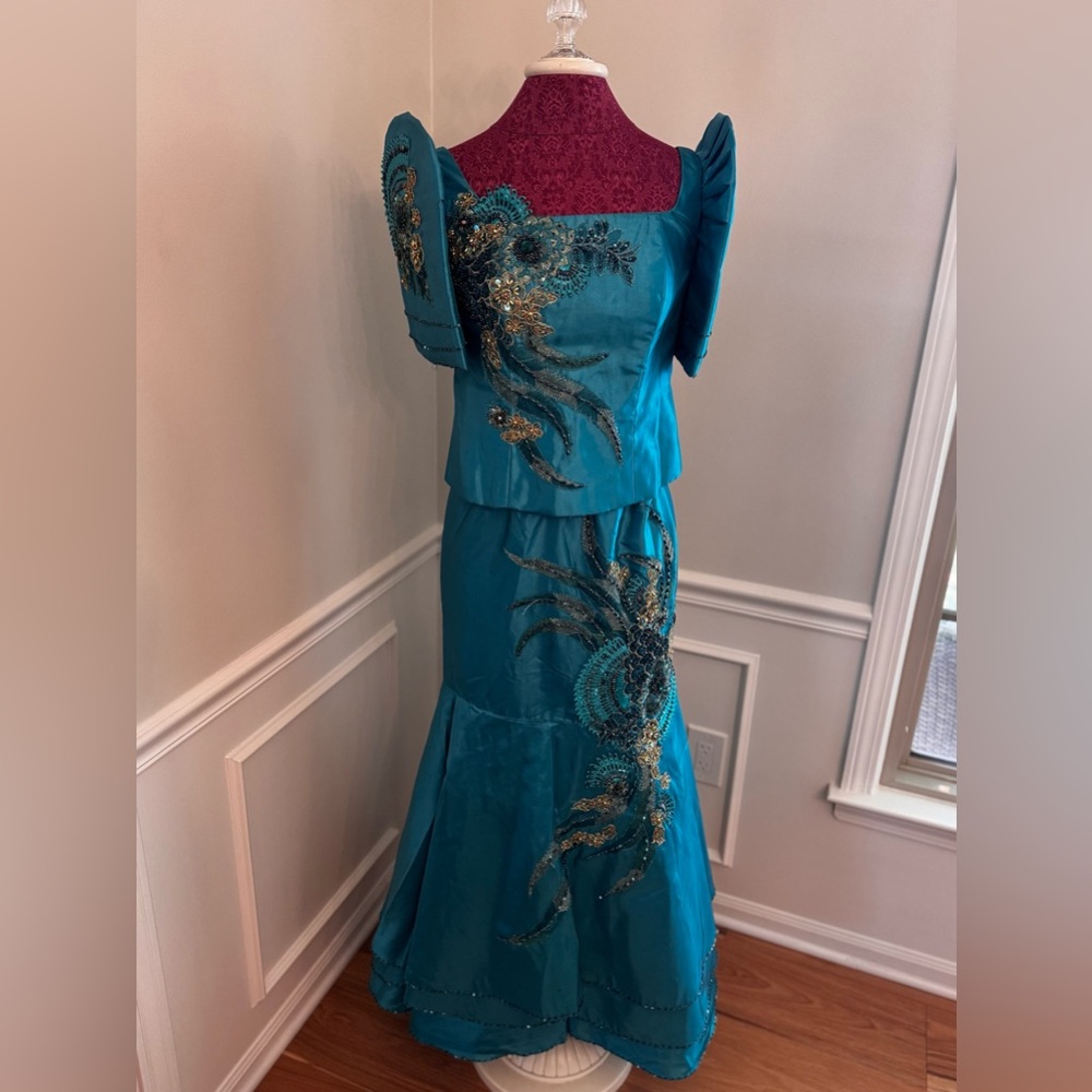Elegant Teal Filipiniana 2 piece Embroidered Dress. Butterfly sleeves